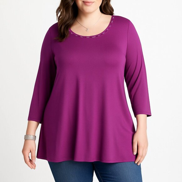 Catherines AnyWear Womens 2X Tunic Top Scoop Neck Long Sleeve Studded Purple - Picture 1 of 16